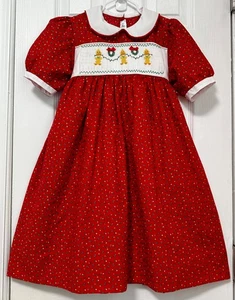 Handmade W/Love By Nonna Floral Collar Smocked Christmas Ducks Dress Girl 5-6Y - Picture 1 of 4