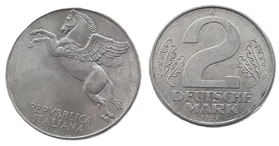 Moneda de aluminio 1 marco alemán 1957 aluminio e Italia 10 liras 1949 Foto 1 de 2