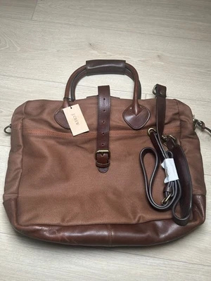 J Crew Rugged Twill Leather Canvas Brown Laptop Case Bag - Image 1 of 4