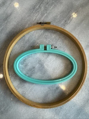 Vtg Embroidery Hoops Set Wood And Plastic Frames 1 Round 1 Oval Coats & Clark 8” - Image 1 of 4