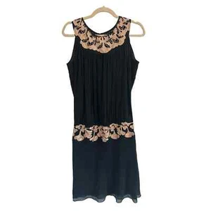 Catherine Malandrino Black Silk Dress Tan Applique Embroidery Size 8 - Picture 1 of 8