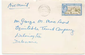 Bahamas 1951 Cubierta de tarifa de correo aéreo #107 Nassau a Delaware EE. UU. uso en solitario - Imagen 1 de 2