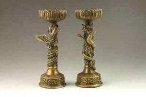 17.8 cm * / Chinese Handmade Fine Dragon And Phoenix brass Candlestick Pair - Picture 1 of 5