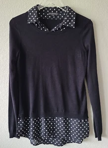 Camisa Suéter Adrianna Papell Para Mujer Pequeña Negra Blanca Tejida a Lunares Cuello - Imagen 1 de 9