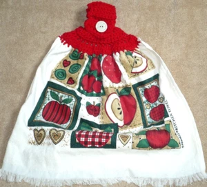 1 Crochet Top Hanging Kitchen Towel Apples Deco Quartered, Single cherry red yar - Picture 1 of 1