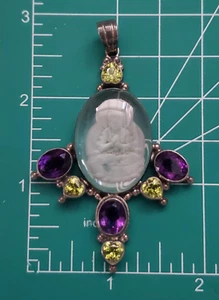Signed By Shankari Rare Buddha Pendant 925 Sterling Artisan Amethyst Peridot - Picture 1 of 12