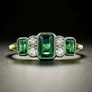 Vintage Art Deco 2.50 Ct Green Emerald Diamond Wedding 14K Yellow Gold Over UK P - Picture 1 of 4
