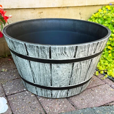 DARTHOME Wood Effect Barrel Planter Grey Plastic Round Large Garden Outdoor Pot Container
