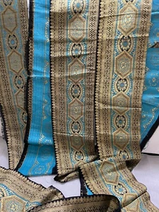 Antique Vintage Heavy Blue Silk Brocade Ribbon Made W Metal Thread 5” x App. 50” - Picture 1 of 16