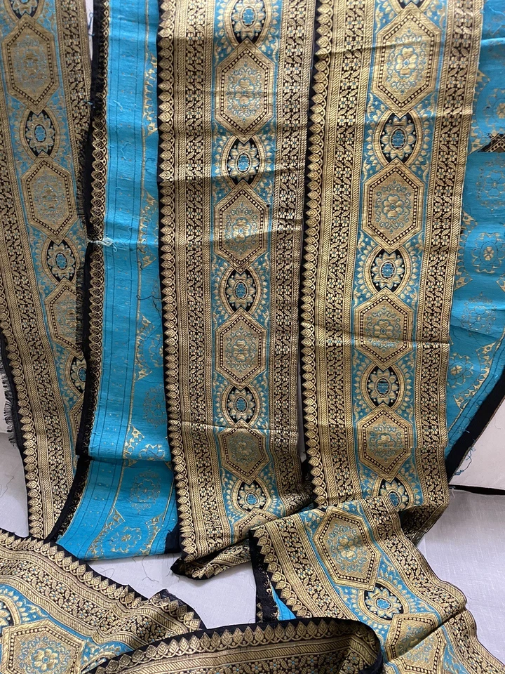 Antigua cinta de brocado de seda azul pesado vintage hecha con hilo de metal 5” x aplicación. 50"" Foto 1 de 4