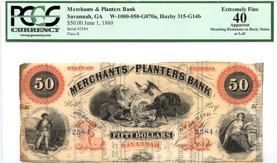 1860 $50 Merchants & Planters Bank Savannah, GA Obsolete PCGS XF-40 - Image 1 of 2