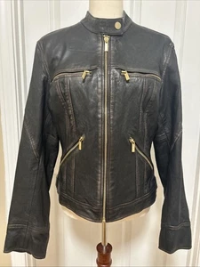 Karen Millen Damen US Größe 8 braun Leder gewaschen kragenlos Jacke Biker Reißverschluss - Bild 1 von 19