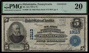 1902 $5 National Currency PMG 20 Philadelphia, Pennsylvania CH# 13113 - Picture 1 of 3