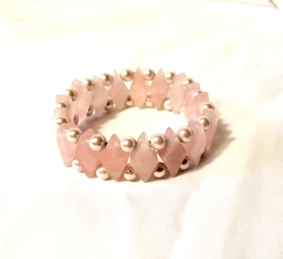Wide Natural Stone Rose Quartz Stretch Bracelet Bangle Art Deco Geometric Design - Image 1 of 4