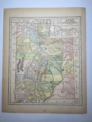 Utah State Map from 1903 Peerless Atlas 13 1/2”x 10 3/4" SEE DESCRIPTION - Image 1 of 2