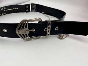 Belt Women Studded Faux Leather Black Panelled Chain Metal Fringes Coins - Picture 1 of 12