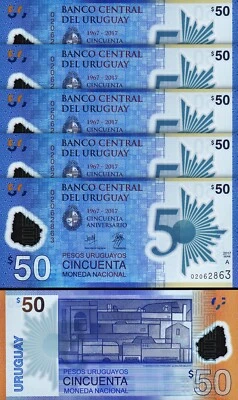 Uruguay 50 Pesos 2017 (2018), UNC, 5 Pcs LOT, Polymer, Comm. 50th Year, P-100 - Image 1 of 4