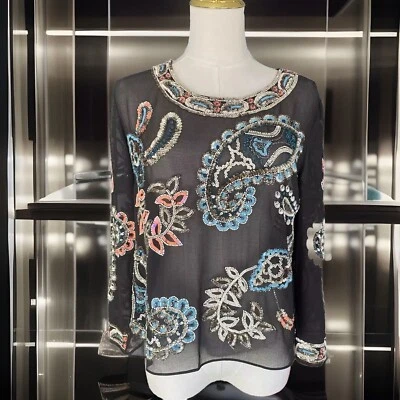 Needle & Thread Women’s Chiffon Blouse Size 4 Black Sequined Sheer Long Sleeve - Image 1 of 4