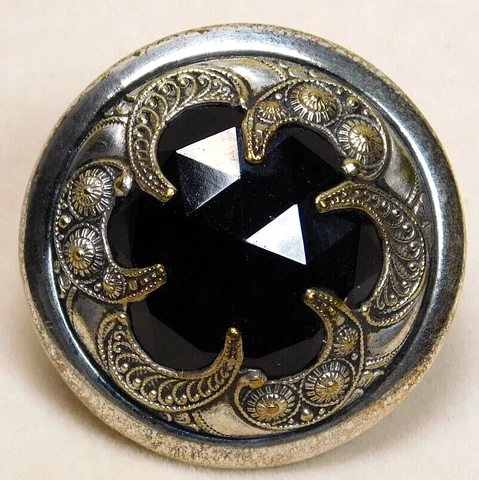 Antique BUTTON Large Gay 90's French Brass Glass JEWEL Paris  NICE #J8 Cover