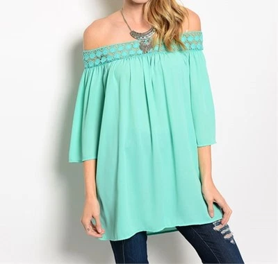 Top túnica con ribete de ganchillo "MInt" fuera del hombro para damas-RT-2 CN223729 Foto 1 de 2