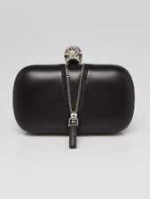 Alexander McQueen Black Leather Crystal Skull Zipper Box Clutch Bag