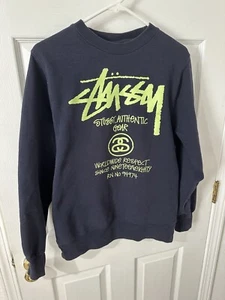 Stussy Authentic Gear Worldwide Crewneck Sweater Size Small Navy Blue Neon Green - Bild 1 von 3