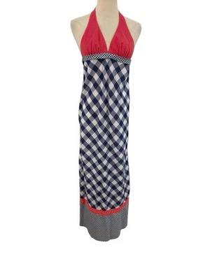 Vtg 70s Halter Dress Maxi Red White Blue Gingham Polka Dot Boho Festival USA XS - Image 1 of 4