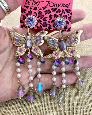 Betsey Johnson Earrings Butterfly  Rhinestone,Pearl Bead Flower Crystal Dangle - Image 1 of 4