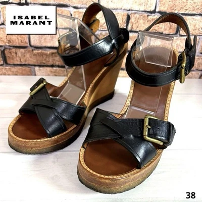 Isabel Marant Sandalias de cuña con correa al tobillo Zapatos de cuero negro para mujer 38 US8 Foto 1 de 4