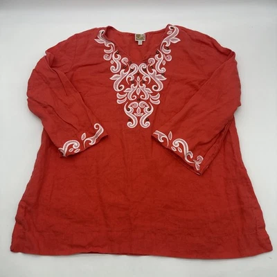 JM Collection Blouse Women  XL Red Graphic Embroidered 100% Linen.#36192 - Image 1 of 4