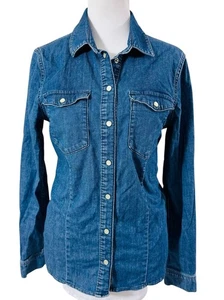 Massimo Dutti Long Sleeve Pearl Snap Top Shirt Women Sz L Denim Stretch Western - Picture 1 of 10