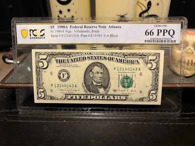  1988a $5 Dollar Bill Non Star Federal Reserve Note Atlanta PCGS 66 PPQ - Image 1 of 2
