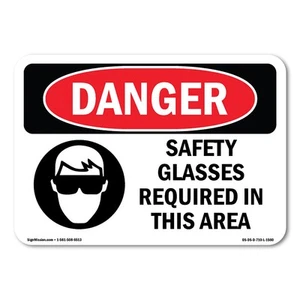Safety Glasses Required In This Area ANSI Danger Sign Metal Plastic Decal - Picture 1 of 5