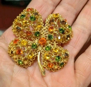Orange Green 4 Leaf Clover vintage brooch - Picture 1 of 3