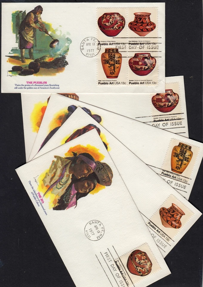 1977 Pueblo Pottery Sc 1706 to 1709 1709a premium Fleetwood cachet set of 5 FDCs - Image 1 of 3