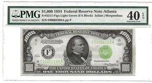 1934 $1000 Federal Reserve Note - Light Green Seal - PMG 40 Extremely Fine EPQ - Picture 1 of 2