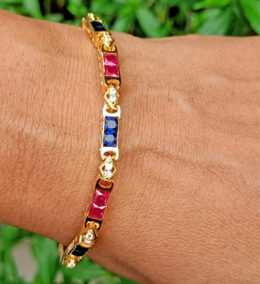 Tennisarmband 6,25 Ct Simulierte Rubin Saphir & Diamant 14k Gelbvergoldet - Bild 1 von 4