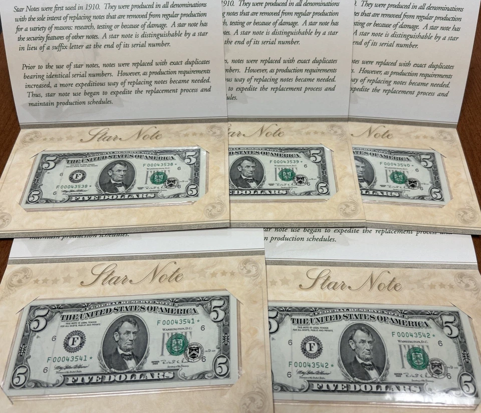 5 Consecutive 1995 $5 Federal Reserve Star Notes BEP District F6 Atlanta - Image 1 of 4