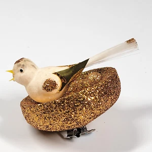 Vintage Japan Flocked Gold Glitter Bird Nest Eggs Christmas Decor Clip Ornament - Picture 1 of 13