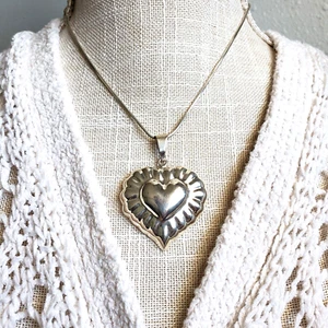 TAXCO MEXICO TU-31 925 Sterling Silver Pendant Puffy Heart Love Artisan Big Huge - Picture 1 of 8