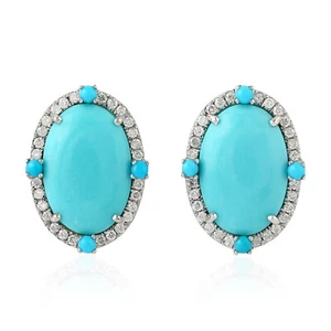 Turquoise Stud Earrings 18K White Gold Handmade Wholesale Jewelry - Picture 1 of 5