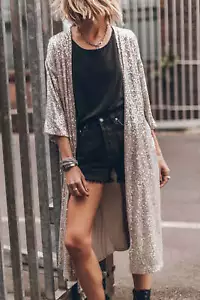 Kimono plumero delantero abierto manga 3/4 lentejuelas albaricoque - Imagen 1 de 8