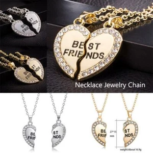 2pcs Crystal Half Love Heart Pendant Best Friends Necklace Friendship Gift - Picture 1 of 16
