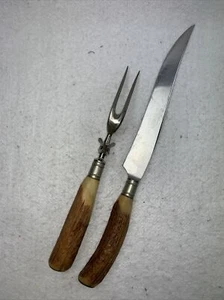 FORCHETTA INTAGLIO MANICO CORNO DI CERVO VINTAGE e piastra coltello collare protezione coltello senza marchio - Foto 1 di 10