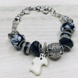BRIGHTON Halloween Theme Bracelet Enamel Ghost Charm Black Swirl Crystal 9 Beads - Picture 1 of 11