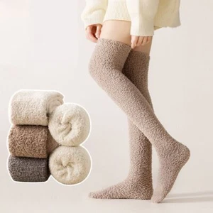 Coral Fleece Knee-high Socks Solid Color Foot Warmers Fall Winter - Picture 1 of 17