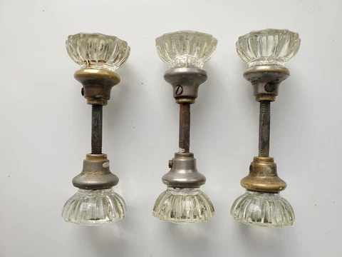 3 SETS Antique Vintage Mortise Lockset w/ 12 pt. Clear Glass Knobs Brass Plates Cover