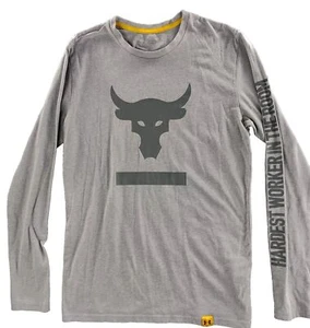 Project Rock Under Armour Shirt Mens Small Gray Long Sleeve Loose Stretch Bull - Picture 1 of 11