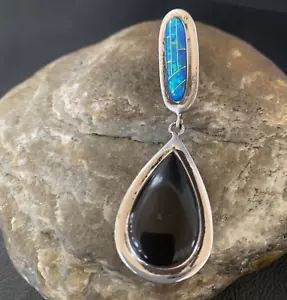 Mens Womens Black Onyx & Blue Opal Navajo Sterling Silver Inlay Pendant 2" 12885 - Picture 1 of 12