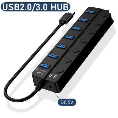 7 Port USB 3.0 Multi USB Splitter Hub USB Hub 2.0 Use Power Adapter Multiple E - Image 1 of 4